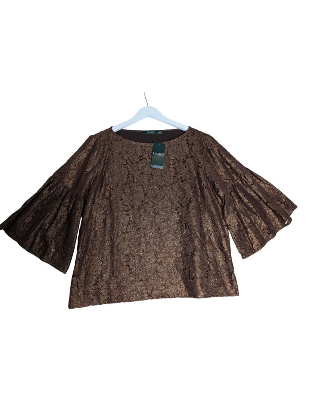 Lauren Ralph Lauren Womens Gold Lace Bell-Sleeve Top Size L MSRP $145